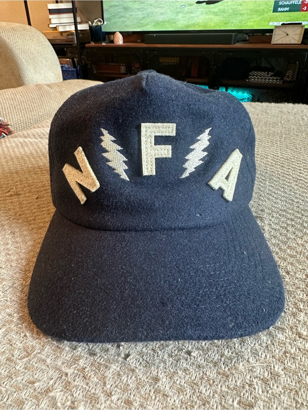 BlackThroated Mercantile NFA Navy Wool Baseball Cap with Cream Appliqué